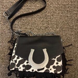 Loungefly Black & White Cowprint Fringe Crossbody with Silver Horseshoe